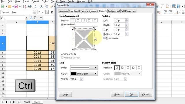 How do you split a cell diagonally in Libreoffice Calc?