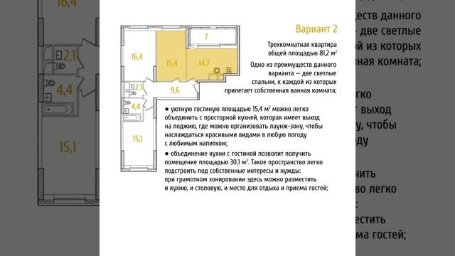 ЖК Рассказово Планировочные решения трехкомнатных квартир в 15 доме
