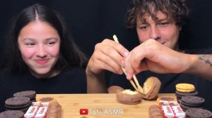 ASMR OREO KINDER MILKA RACE WITH CHOPSTICKS! MUKBANG EATING SOUNDS 먹방 Tati ASMR