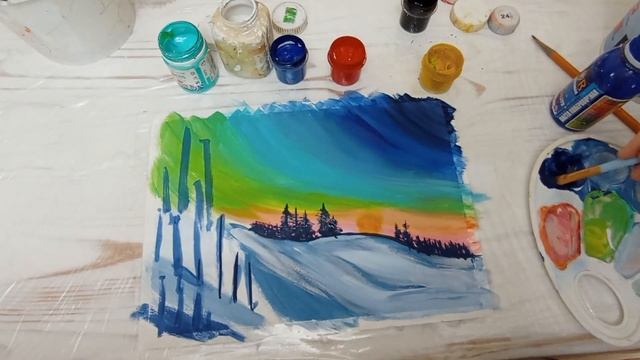 Как нарисовать Полярное Сияние гуашью/ How to draw the Aurora Borealis with gouache смотреть онлайн