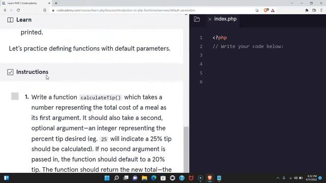 Default Parameters in PHP, Default Parameters in Functions, PHP on Codecademy PHP Default Arguments