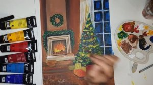 Новогодняя картина, рисуем камин, ёлку, подарки .Простая картина