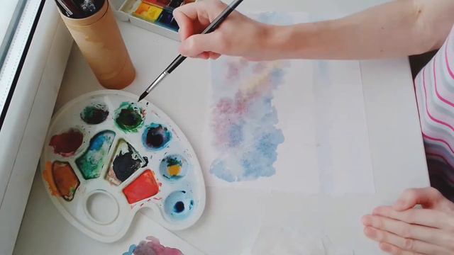 Акварелью закат на море. Процесс.