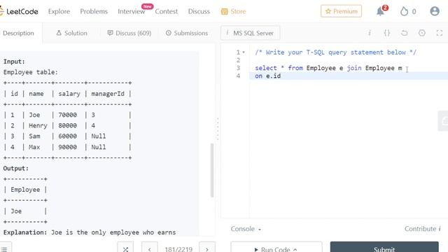 [SQL] LeetCode 181: Employees Earning More Than Their Managers