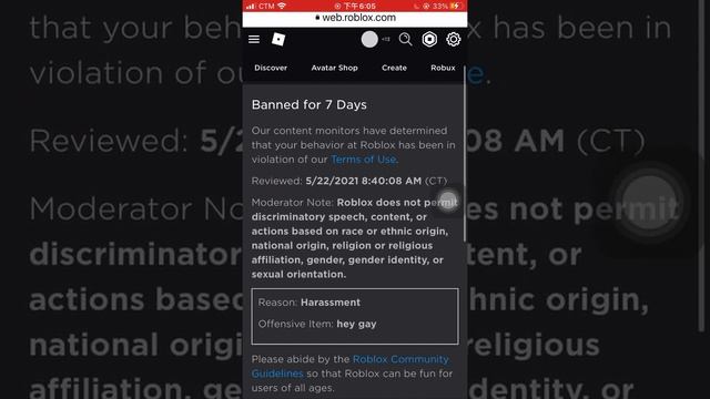 Got banned for 7 days in roblox...