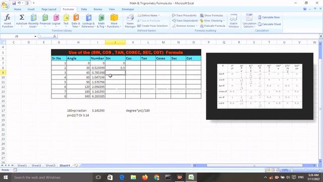 Sin, Cos, Tan, Cosec, Sec, Cot Formula in MS Excel ?% math & Trig MS Excel for beginners.
