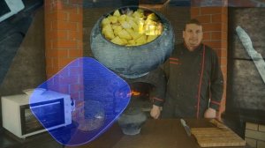 Картошка с мясом, салом и луком в чугунке из русской печи.
