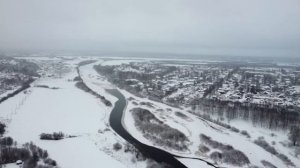 Зима, город Вельск (северная часть) и д.Лукинская с высоты - 1 декабря 2021 года