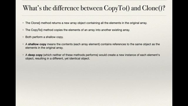 C# - Interview Questions & Answers - Array - CopyTo vs Clone methods of an array object смотреть онлайн