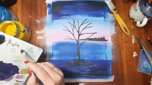 Как нарисовать дерево сакуры. Как легко нарисовать пейзаж. Рисуем ночь. Правополушарное рисование.