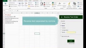 Excel quickly reverse text order by space or comma or any separator