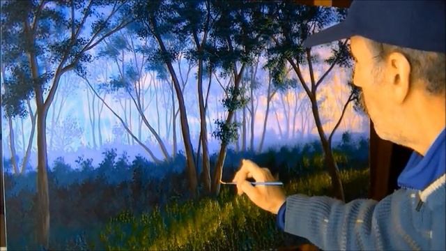 как рисовать лес на закате с использованием акрила на холсте живопись урок искусство класс смотреть онлайн