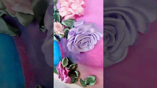 Интерьерная объемная 3d картина " Нежные Розы ". Embroidery ribbons