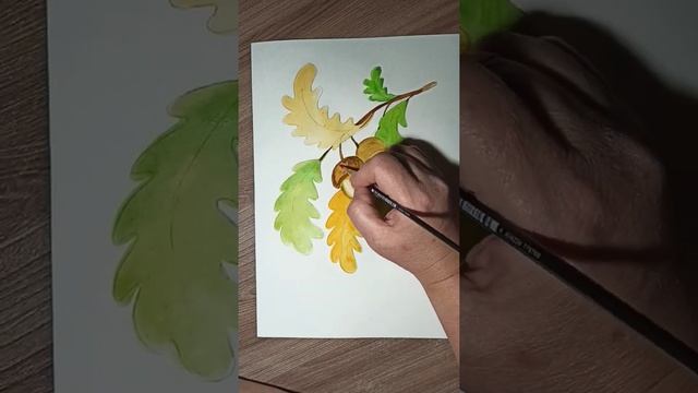 Дубовая ветка с желудями. Рисуем акварельными красками. смотреть онлайн