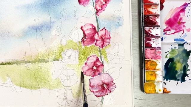 Landscape with Hollyhocks Flower Field-Watercolor Painting - Tutorial for Step by Step смотреть онлайн