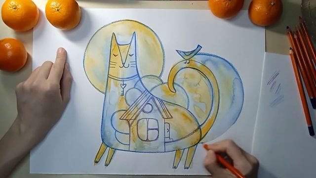 Кот с домиком. Рисуем кота акварелью, цветными карандашами и восковыми карандашами. Рисуем вместе. смотреть онлайн