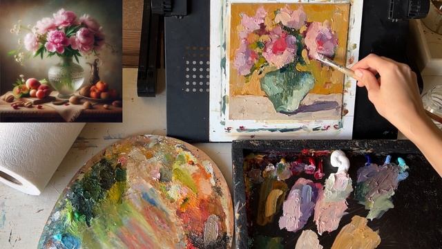 Пишем картину с пионами. Рассказываю о себе и работаю одновременно смотреть онлайн