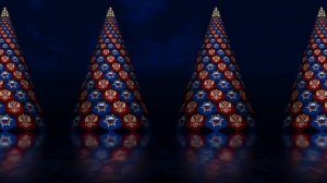 Новогодние дизайнерские ели с символикой России с отражением на льду. Цикличная 3d анимация в 4K.