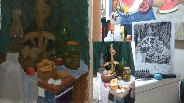 Мастер-класс по живописи с натуры. Пишу деревенский натюрморт. Небольшой обзор моей мастерской. смотреть онлайн