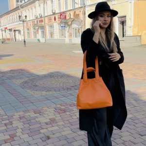 Оранжевая женская сумка шоппер из натуральной зернистой мягкой кожи