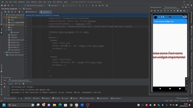 Come inserire widget Text in flutter con android studio Corso Flutter Tutorial ITA