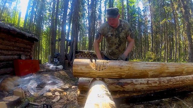 Строительство Избы в Лесу. Сруб в Русскую чашу. Продольный паз бревна. смотреть онлайн