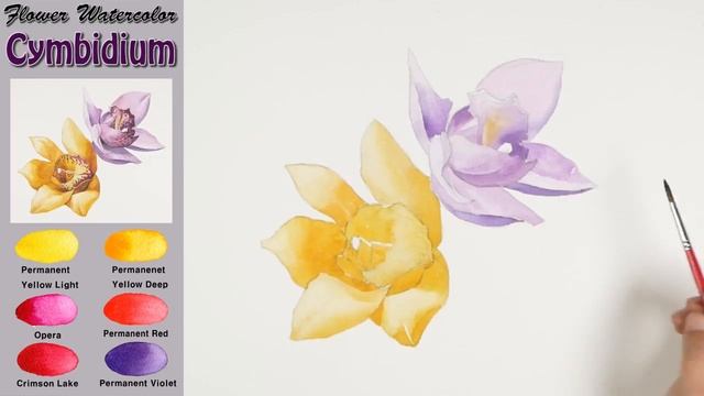 Basic flower watercolor - Cymbidium (wet-in-wet, Arches rough)NAMIL ART смотреть онлайн