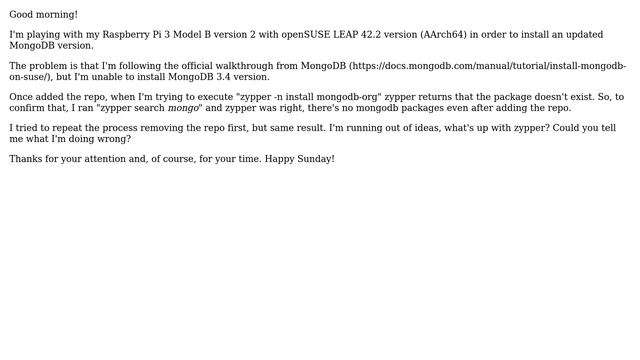 Unable to install MongoDB on LEAP 42.2 (AArch64) смотреть онлайн