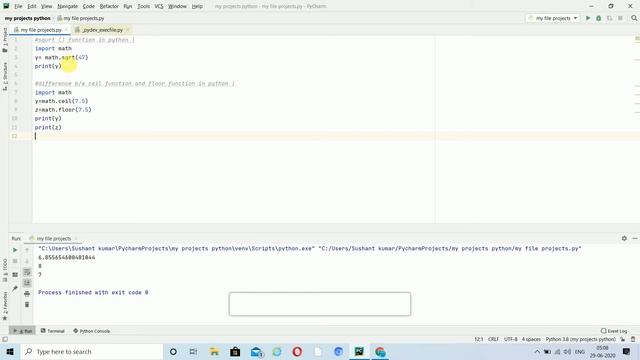 PYTHON TUTORIAL || PART-25 sqrt() function AND difference b/w ceil and floor function in PYTHON |