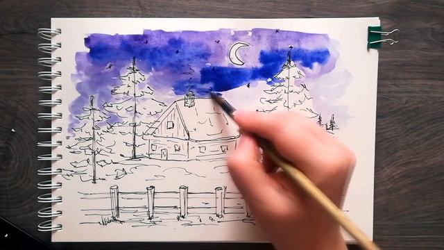 Как нарисовать ЗИМНИЙ ПЕЙЗАЖ | Рисуем с детьми акварелью | Снежная зима красками