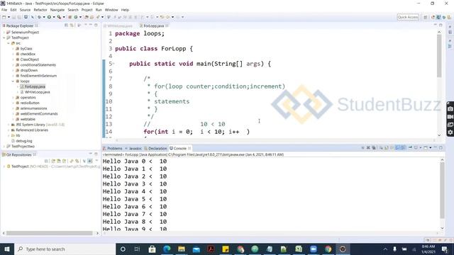 OOPS Concepts (While loop & For loop & Integer & String Array) || Selenium WebDriver || StudentBuzz смотреть онлайн