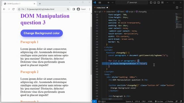 JavaScript DOM Manipulation | change background Color On Click | question 3 | js interview guide