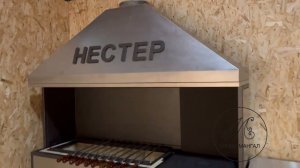 Мангал с печкой, мойкой и вытяжкой  в стиле Хай-тек с применением нержавейки