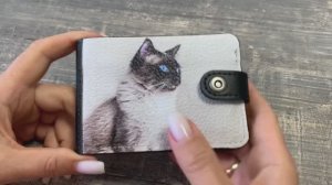 Черный тонкий портмоне с сиамским котом из натуральной кожи, Eshemoda