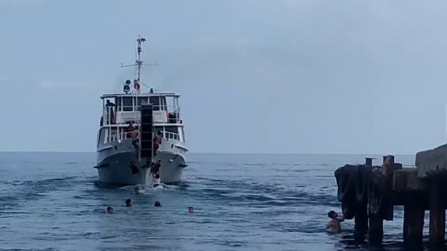 Местное морское водное разлечение.теплоход Крым. Крым, Гурзуф, причал Гурзуф