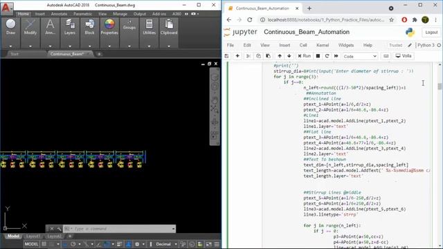Automation of Continuous Beam Drawing on Autocad using #BasicPython#PYAUTOCAD#JupyterNotebook