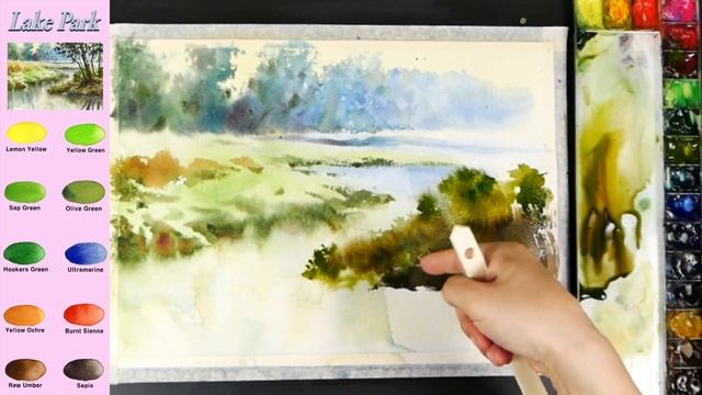 Without Sketch Landscape Watercolor - Lake Park (color mixing, material introduce) NAMIL ART смотреть онлайн