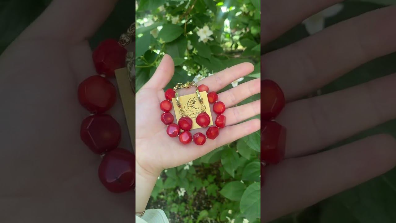 Украшения ручной работы из красного коралла - браслет и серьги позолота #украшенияручнойработы