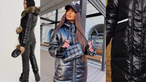 Girls in leather suits, voluminous down jackets and modern jackets. Leather down jackets with a hoo