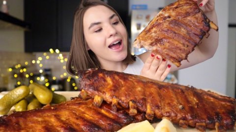МУКБАНГ • свинные РЕБРА ТЕРИЯКИ pork ribs teriyaki & eating sounds асмр (ASMR MUKBANG)