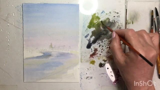 Рисую пейзаж в холодных тонах.#акварель #мастеркласс #акварельдляначинающих