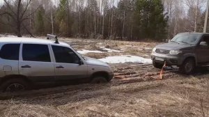 Нива засела в сельской дороге. Распутица в разгаре. Алабай ищет объезд.