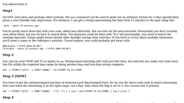 Unix & Linux: How to extract logs between the current time and the last 15 minutes? (3 Solutions!!)