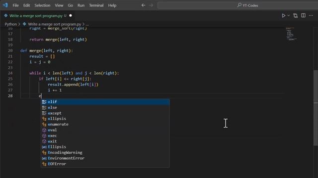 Write a merge sort program in python