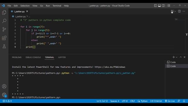 "I" Star pattern in 2 minutes. || Pattern in python. #programming #python