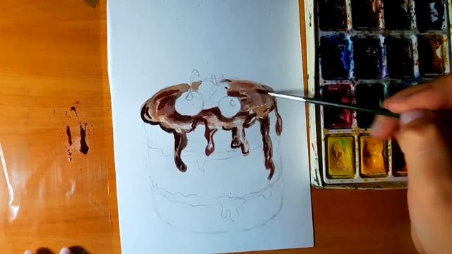 Урок рисования. Для начинающих . Акварельный рисунок. Как рисовать торт.