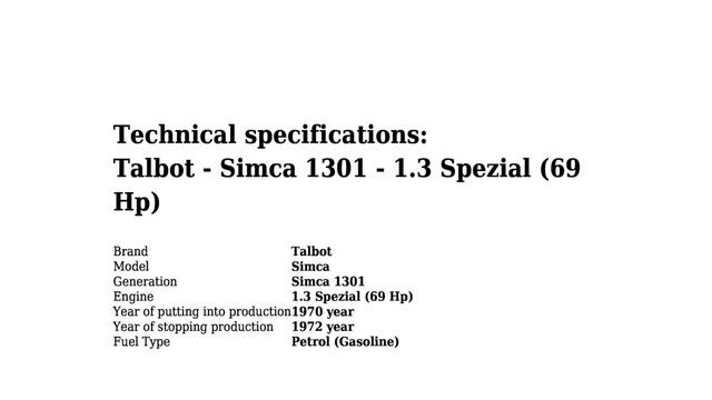Talbot - Simca 1301 - 1.3 Spezial (69 Hp) - Technical specifications смотреть онлайн