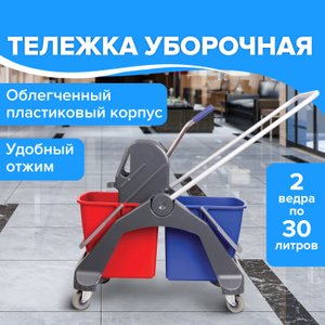 Тележка уборочная BRABIX, 2 съемных ведра 30 л, механический отжим, пластиковый каркас, фиксирующаяс