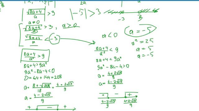 Найдите все значения параметра а, при каждом из которых уравнение ax2+2a−2x+a+3=0 имеет два корня, смотреть онлайн
