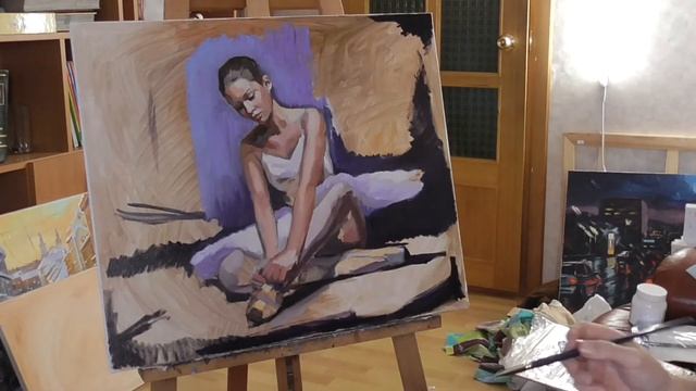 Preparing for classes. Ballerina, original oil painting. смотреть онлайн